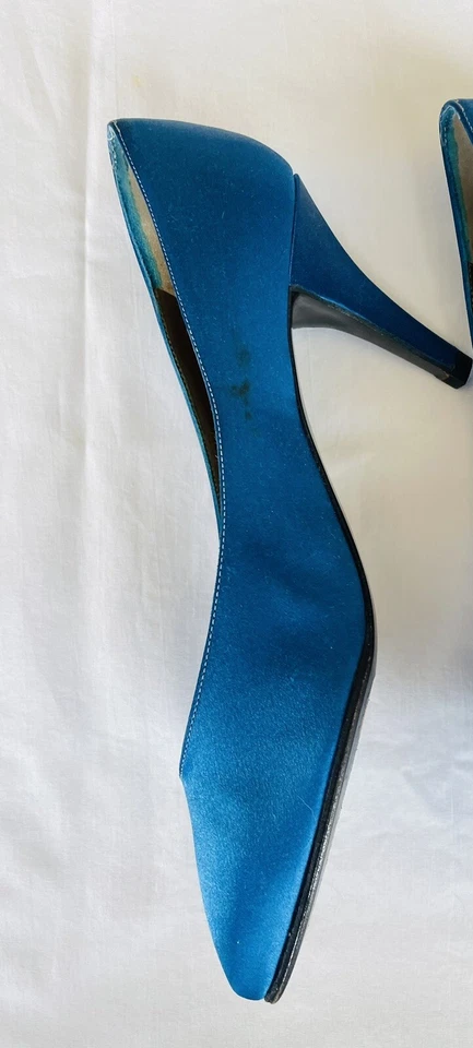 "Bomba Yves Saint Laurent azul brillante satinado punta ~ 7,5 N personalizado teñido tacón de 3""" Foto 4 de 4