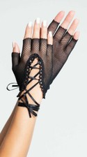 Black FISHNET FINGERLESS LACE UP GLOVES Leg Avenue G1865 Rocker Retro Punk 80's