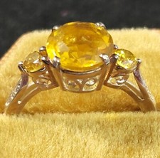Round Cut Yellow Citrine Citrine Acent Stones 925 SS Three Stone Ring Size 8