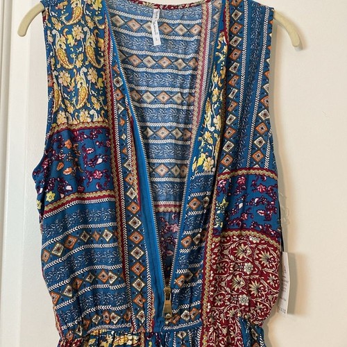 Icon Apparel Boho Blue Print Sleeveless Rayon Zip-Up Pockets Jumpsuit Large - Picture 8 of 10