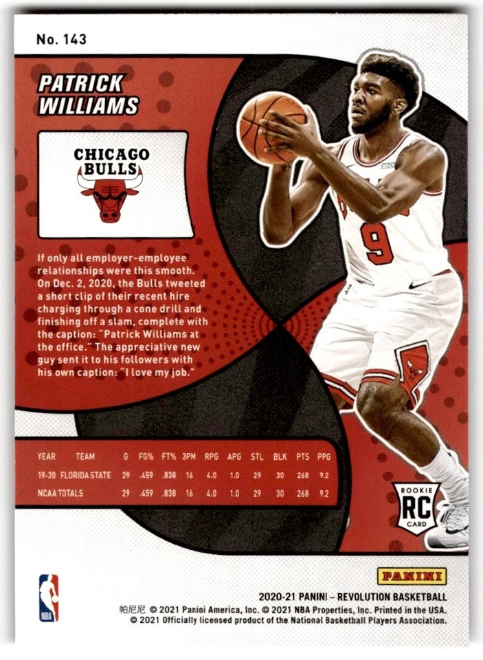 2020-21 Panini Revolution Patrick Williams Rookie #143 Chicago Bulls - Image 2 of 2