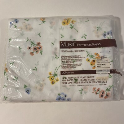 Vtg J C Penney Twin Flat Bed Sheet Floral Muslin No Iron NOS 66'' x 96''