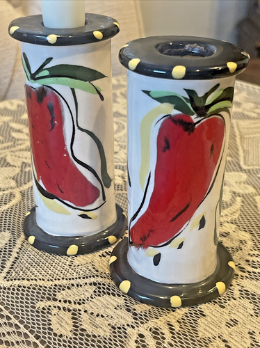 Vtg Handpainted Signed Candle Stick Holders Red Peppers ~ Southwest ~ Polka Dots - Picture 8 of 9