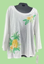 NWT Alfred Dunner Womens 3X Tropical Embroidered Tunic Top White 3/4 Sleeve Knit