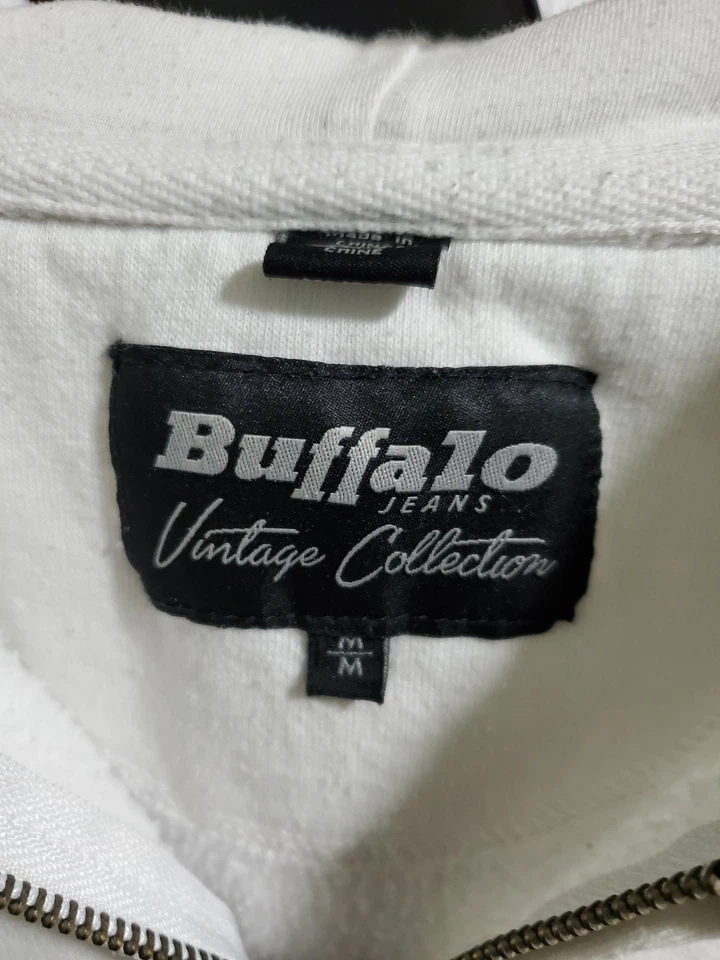 Vintage David Bitton men's white zip-up hoodie with a red and navy striped logo - Image 2 of 4