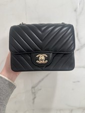 CHANEL Black Chevron Lambskin Square Mini Flap With Gold Hdw + Edge Stitching