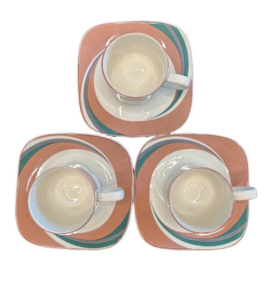 Винтажные чашки и блюдца на ножках 80-х Sango Quadrille PINWHEEL PINK Wave Semi Porcelain - Изображение 4 из 4
