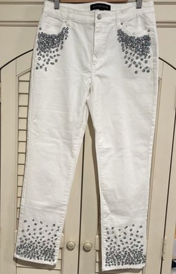 Boston Proper White Denim Jeans With Rhinestones And Blue Stone Detail NWOT 10