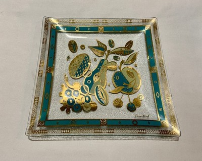 MCM Georges Briard ''Bent Glass'' Forbidden Fruit Tray Gold Teal Yellow 10'' Square
