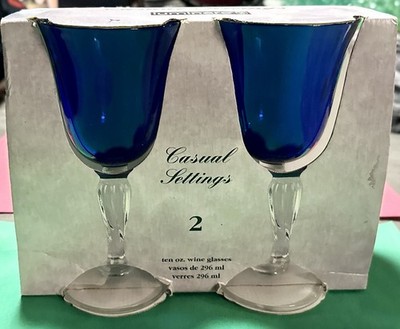 Set of 2 Luminarc Casual Settings Sapphire Blue Wine Glasses Twisted Stems NIB