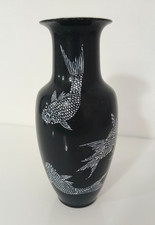 Vaso Studio Kato Giapponese Ceramica Nera Carpe Koi Bianco h 26cm Vintage