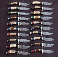Lot of 20Pcs Custom Handmade Damascus Steel 6" Thick Stag Horn Knives W/Sheaths.