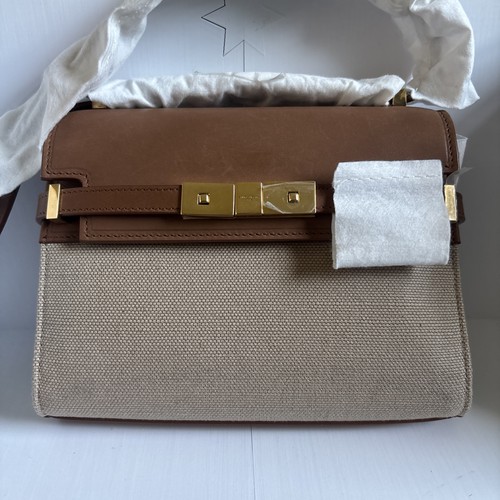 Saint Laurent Manhattan Brown Leather and Canvas Shoulder Bag YSL READ Italy