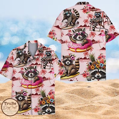 Pinky Cute Raccoon Hawaiian Shirt Donut And Raccoon Printed Shirt