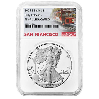 #ad 2025 S Proof $1 American Silver Eagle NGC PF69UC ER Trolley Label $119.00