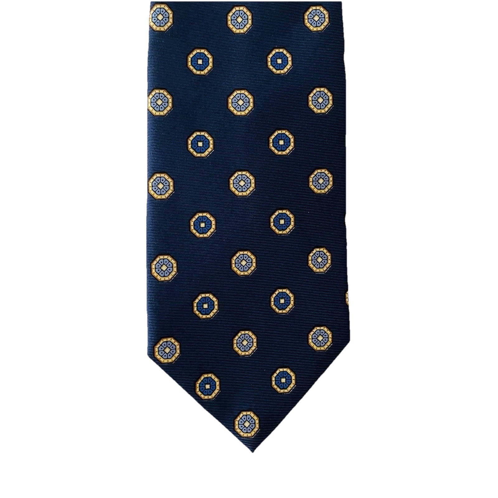 Brooks Brothers Makers Silk Tie Blue With Geometric Designs Made In USA 60”x 4”