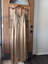 David s Bridal Spaghetti Strap Gold Satin Bridesmaid Dress Size 16