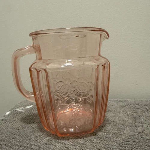 Anchor Hocking Mayfair Open Rose Pitcher Pink Depression Glass Vintage 32 oz 6”H