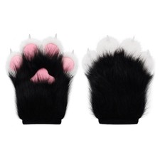 HAOAN Furry Faux Fur Fox Cat Paws Gloves Animal Fursuit One Size, Black White