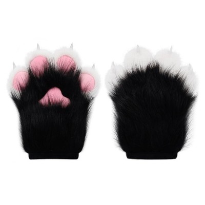 HAOAN Furry Faux Fur Fox Cat Paws Gloves Animal Fursuit One Size, Black White 