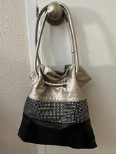 Payless Shoes Hobo Bag Purse Metalic Gold and Black with studs & rhinestones