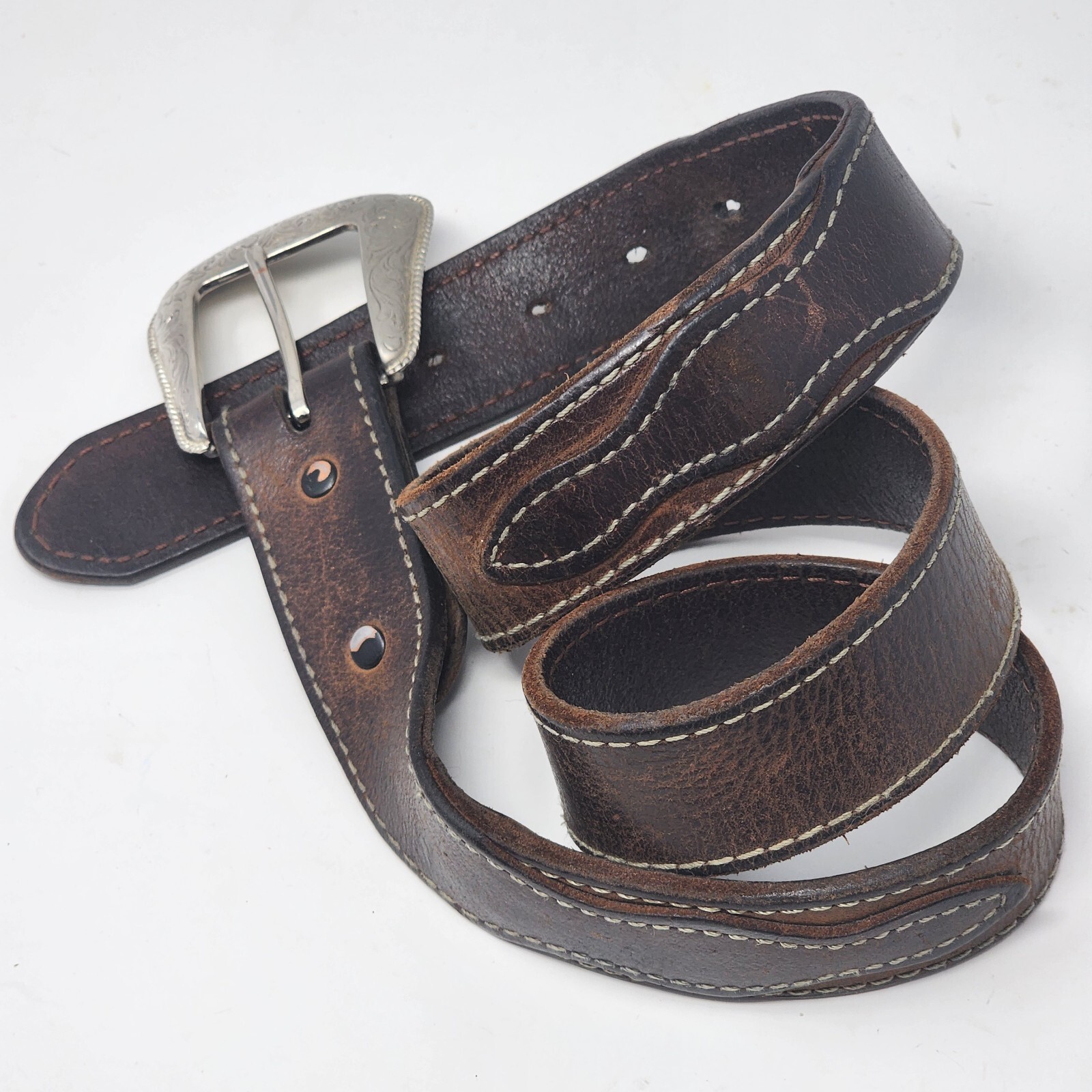 Leather Belt 34 Brown Top Stitching Western Style Decorative Silver Buckle USA-image