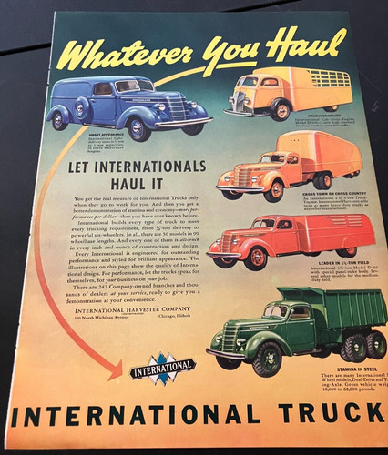 1938 International Trucks "Whatever You Haul" - Vintage Color Print Ad Wall Art