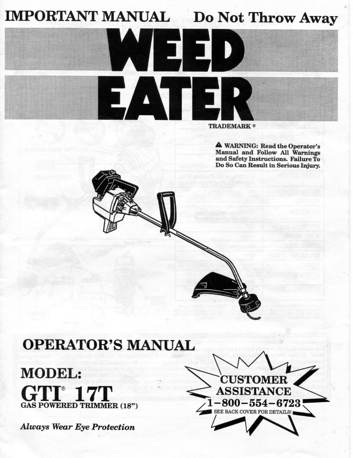 Poulan Weed Eater Model GTI 17T (Gas Powered Trimmer 18 inch) Operators