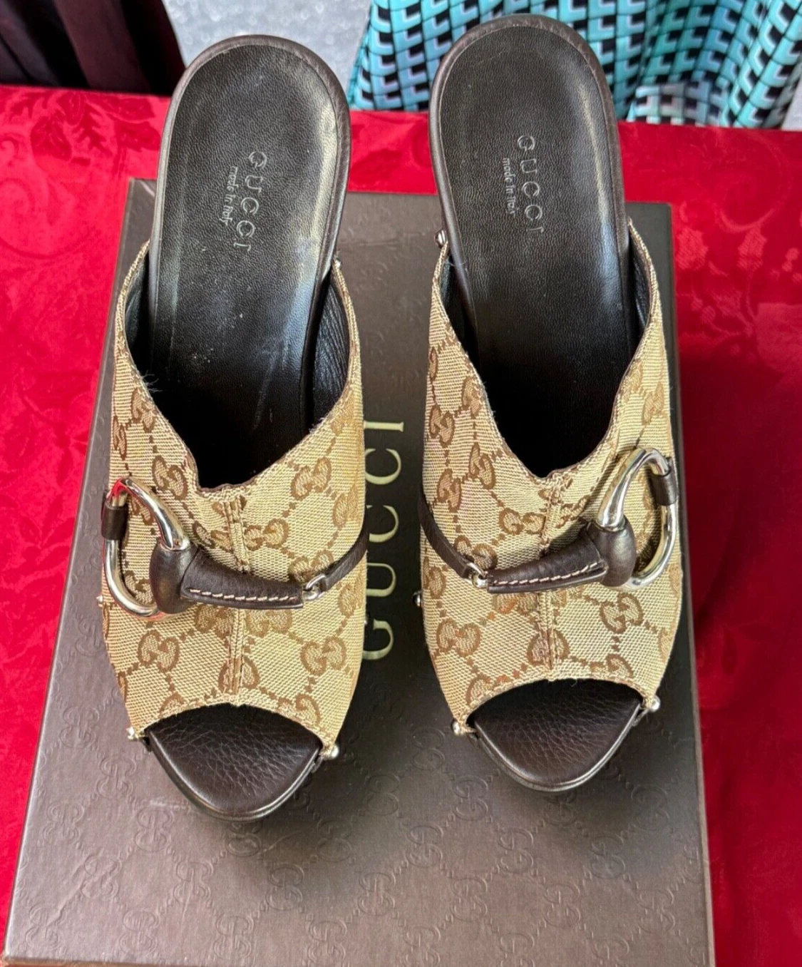 Gucci Monogramme Cellarius Icône Horsebit Mule Slide Bois Plateforme Talons IT 39 8,5