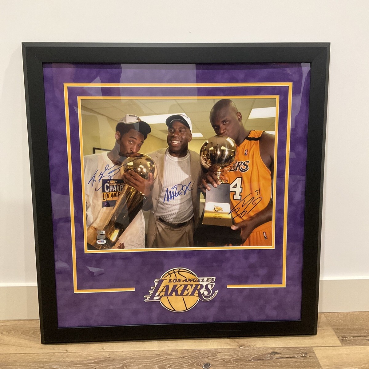 KOBE BRYANT, MAGIC, SHAQ Signed Photo Framed (16x20) PSA/DNA