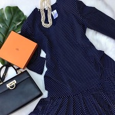 Vintage Maryandre Couture of Paris Navy Polka Dot Pleated Drop Waist Dress M