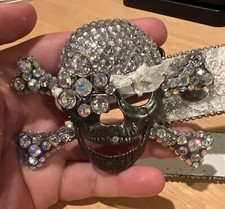 Vintage Heavy Skull Crossbones Rock Rebel Pirate Crystal Iridescent Belt Buckle