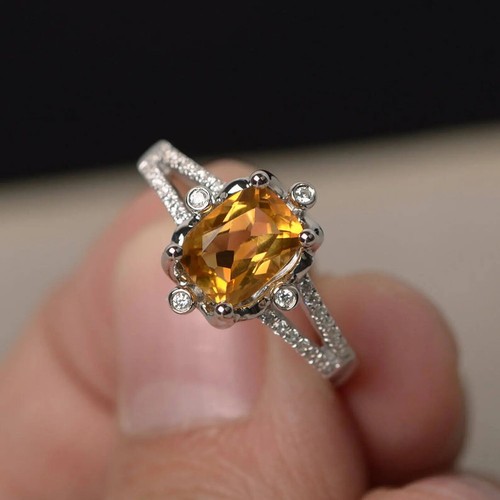 Citrine Rings Engagement Rings Cushion Cut Rings November Birthstone Silver Ring - Picture 5 of 6