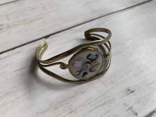 Vintage Silver Open Cuff Alpaca Bracelet with Flower Floral White Inlay Mexico - Picture 12 of 12