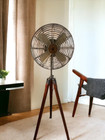 Handmade Wooden Tripod Pedestal Fan–Adjustable Retro Design with Brass Brown Fan