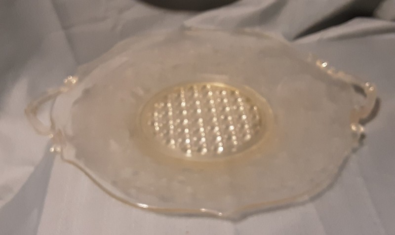 Yellow Depression Glass Lancaster Landrum Cane Bottom Plate with Two Handles