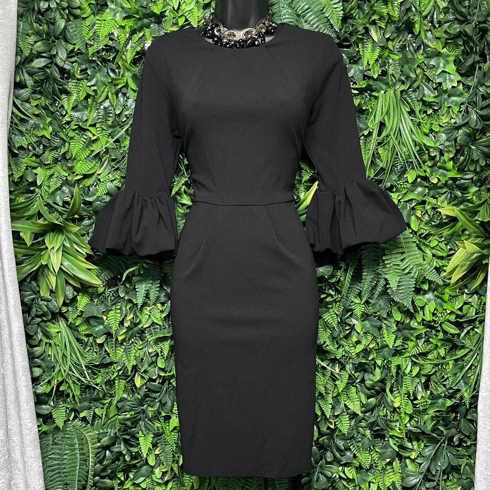 Vestido BETSY & ADAM Mujer 4 Negro Funda Cóctel Carrera Manga Campana Plisado 2591 Foto 2 de 4