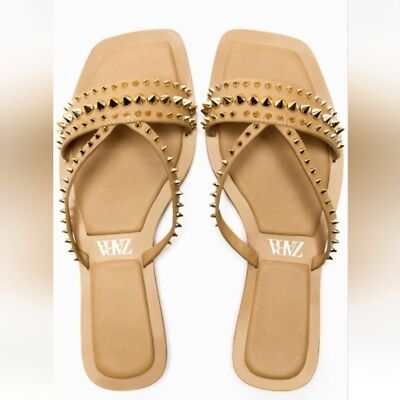 Brown Zara Studded Flat Sandals Zara Studded Flat Sandals