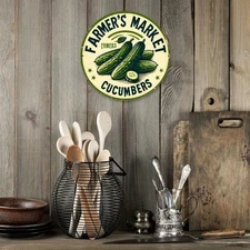 Vintage Farmers Market Cucumber Metal Sign Green Background Round