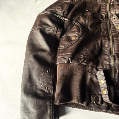 Vintage Leather Jacket Brown Fur Hood Bomber Y2K Aviator Grunge