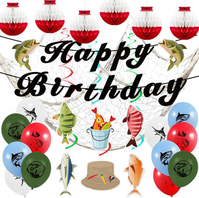 Gone Fishing Party Decorations Kit Include Hanging Banner Swirl Balloons (Happy 