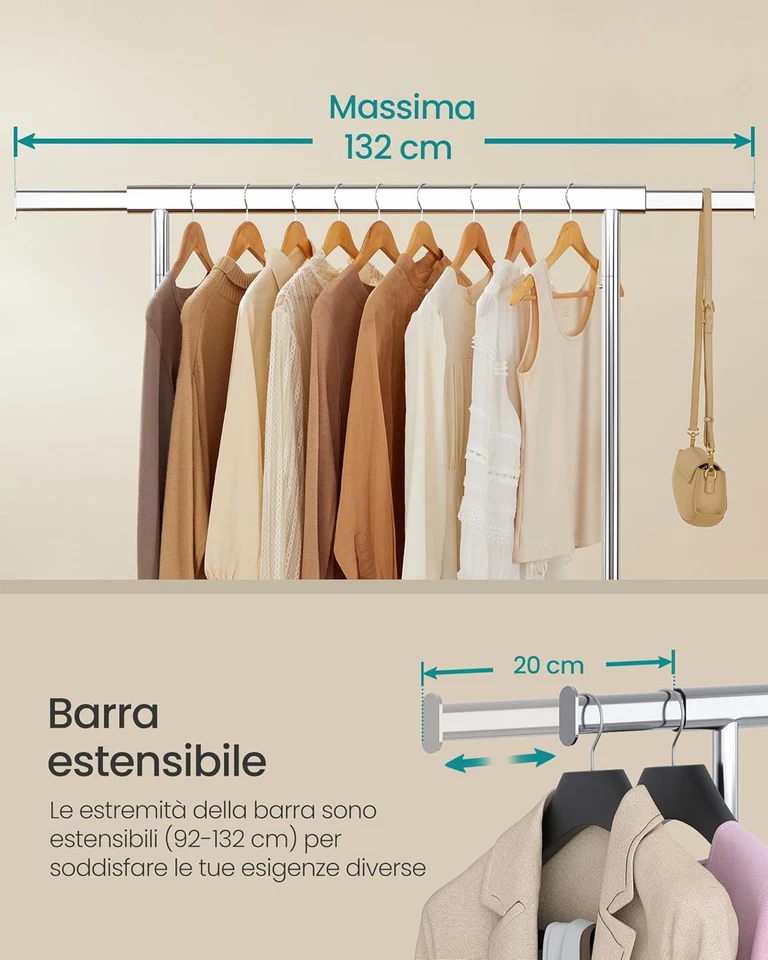 Stand Appendiabiti con Ruote, Attaccapanni Estensibile per Carichi Pesanti, Port - Immagine 4 di 4