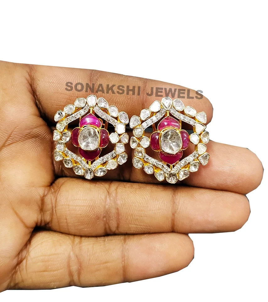 Pendientes Polki y Piedra Verde Diamante Plata de Ley 925 Diseño Hecho a Mano Foto 4 de 4