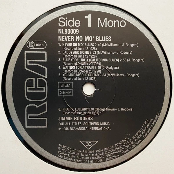 Jimmie Rodgers - Never No Mo' Blues Vinyl LP (LP Record, Album, Mono) - Image 3 of 4