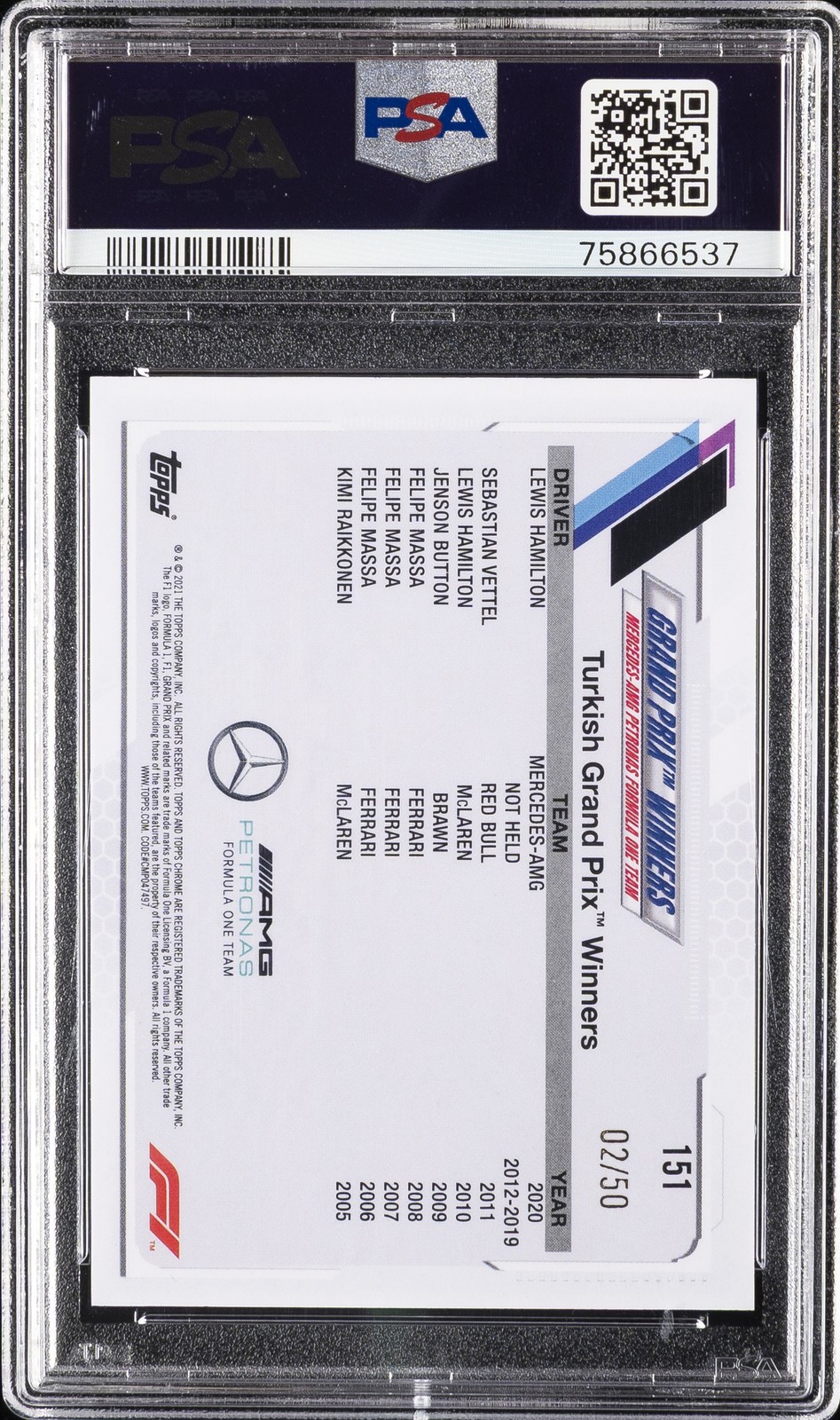 2022 TOPPS CHROME FORMULA 1 GOLD CHECKER FLAG REFRACTOR LEWIS HAMILTON /50 PSA 9 view 2