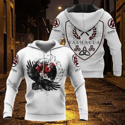 Norse Raven Valhalla Hoodie Viking Nordic Warrior Pullover Gift