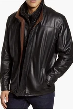 $1995 REMY Lambskin Leather Coat Removable Shearling Fur Collar Noir/Rustic 48