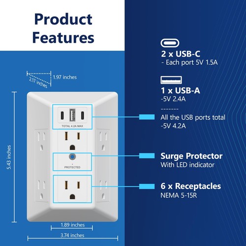 6 Outlet Surge Protector Extender with 20W 4.2A 3 USB Type A/C Chargers, Tamp... - Picture 4 of 7