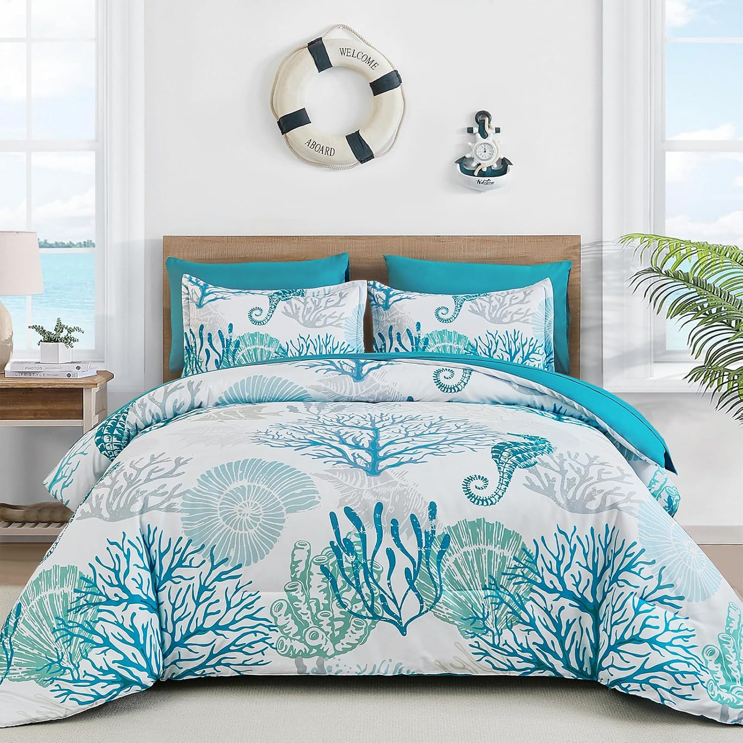 Queen, Beach Themed Comforter,7 Pieces Ocean Nautical Seaw