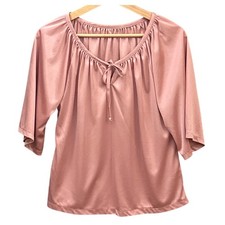 Vintage Pink Satin Blouse Coquette Balletcore Pink Tie Neck 3/4 Sleeve Top